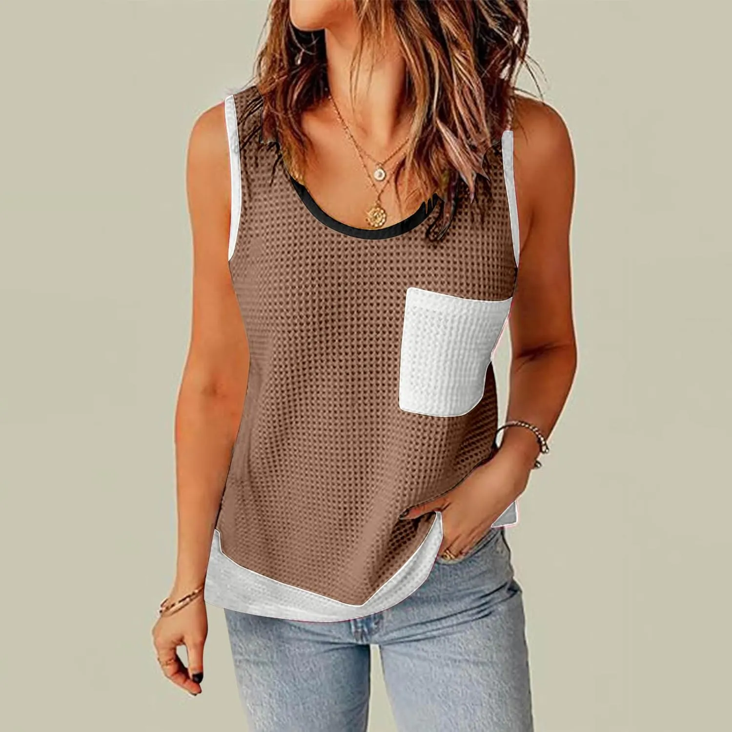 Womens Waffle Knit Tank Tops with Pockets, Summer Casual Crewneck Sleeveless Shirts Color Block Blouses