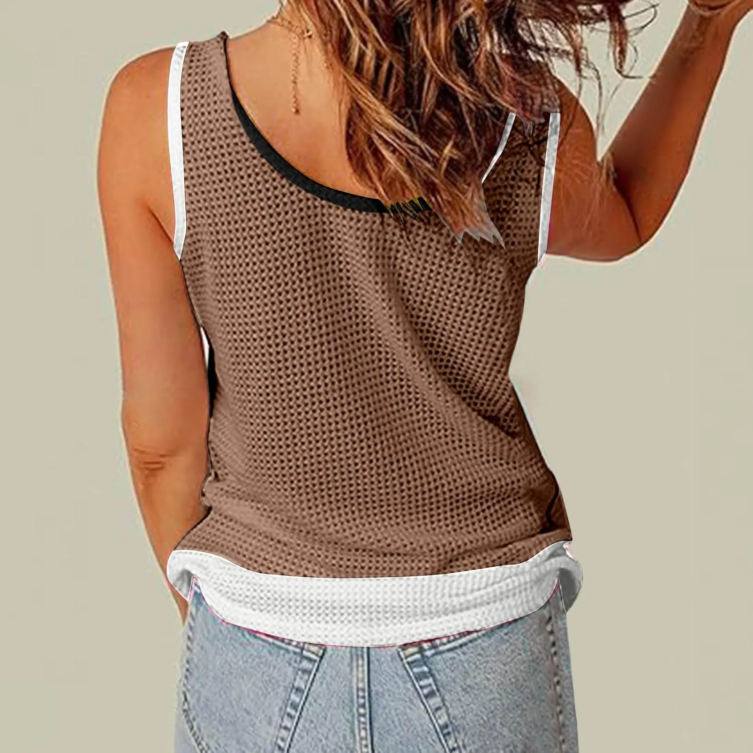 Womens Waffle Knit Tank Tops with Pockets, Summer Casual Crewneck Sleeveless Shirts Color Block Blouses